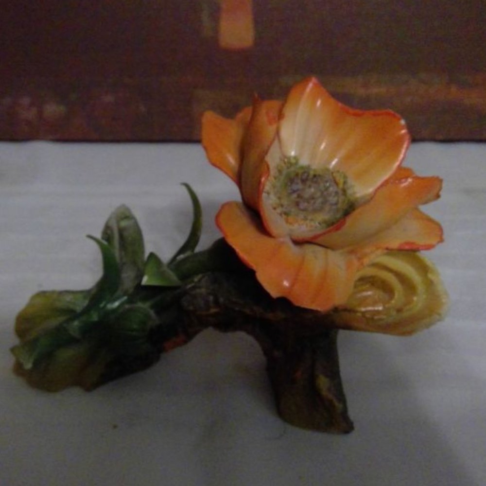 Capodimonte Porcelain Orange Poppy on a Branch Sculpture